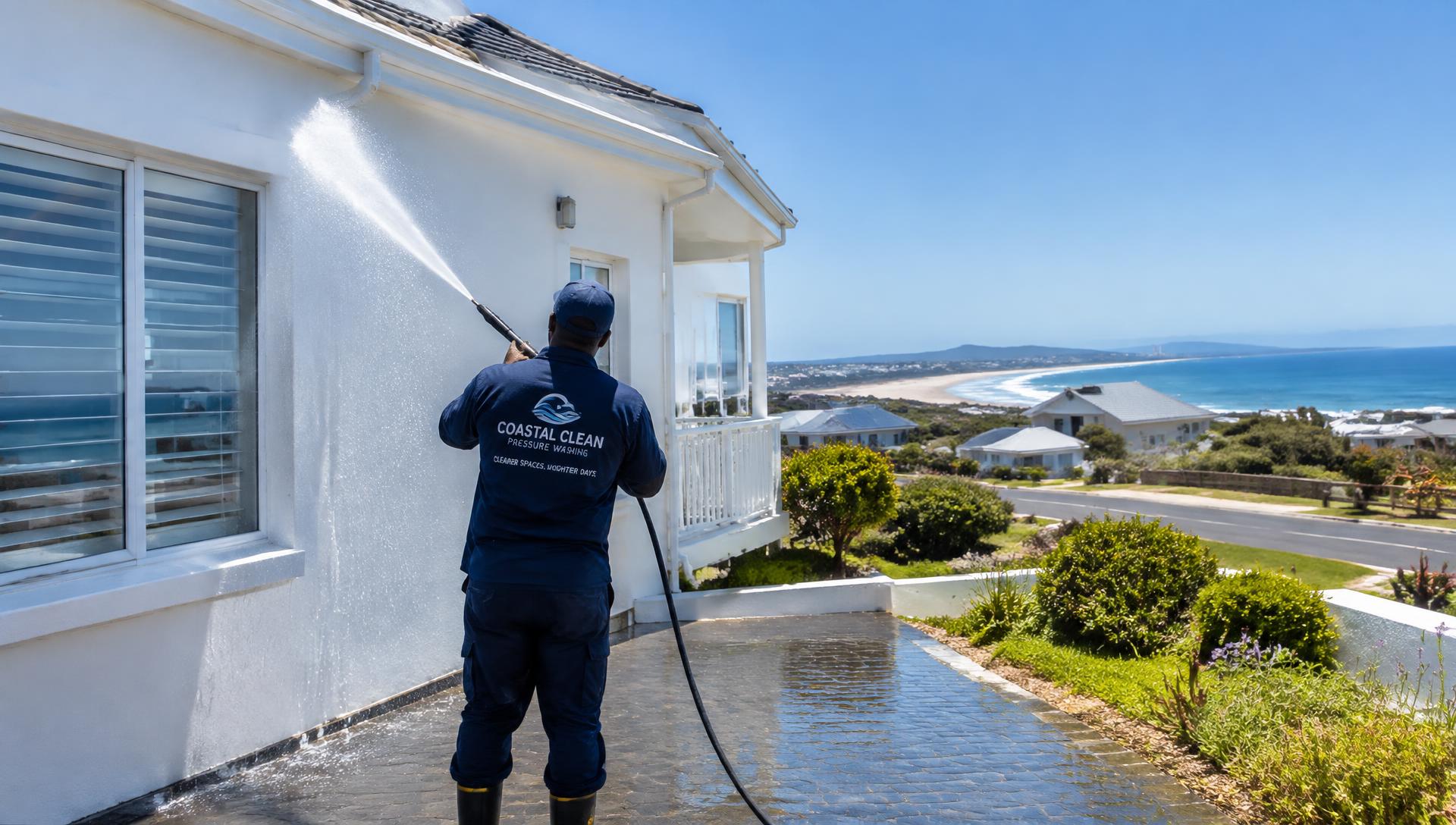 Wild Coast technician pressure cleaning a coastal home